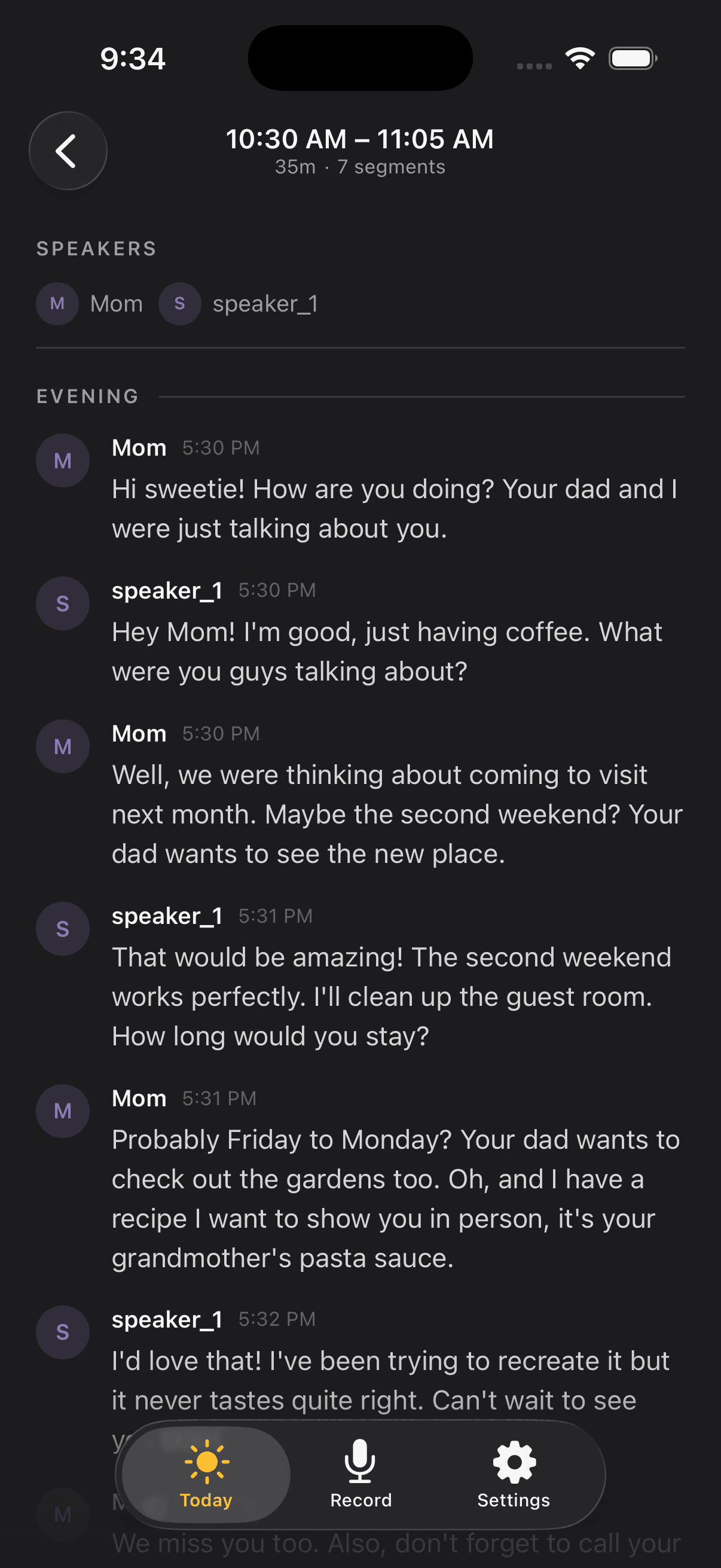 Hearsay conversation transcript with speaker identification and timestamps