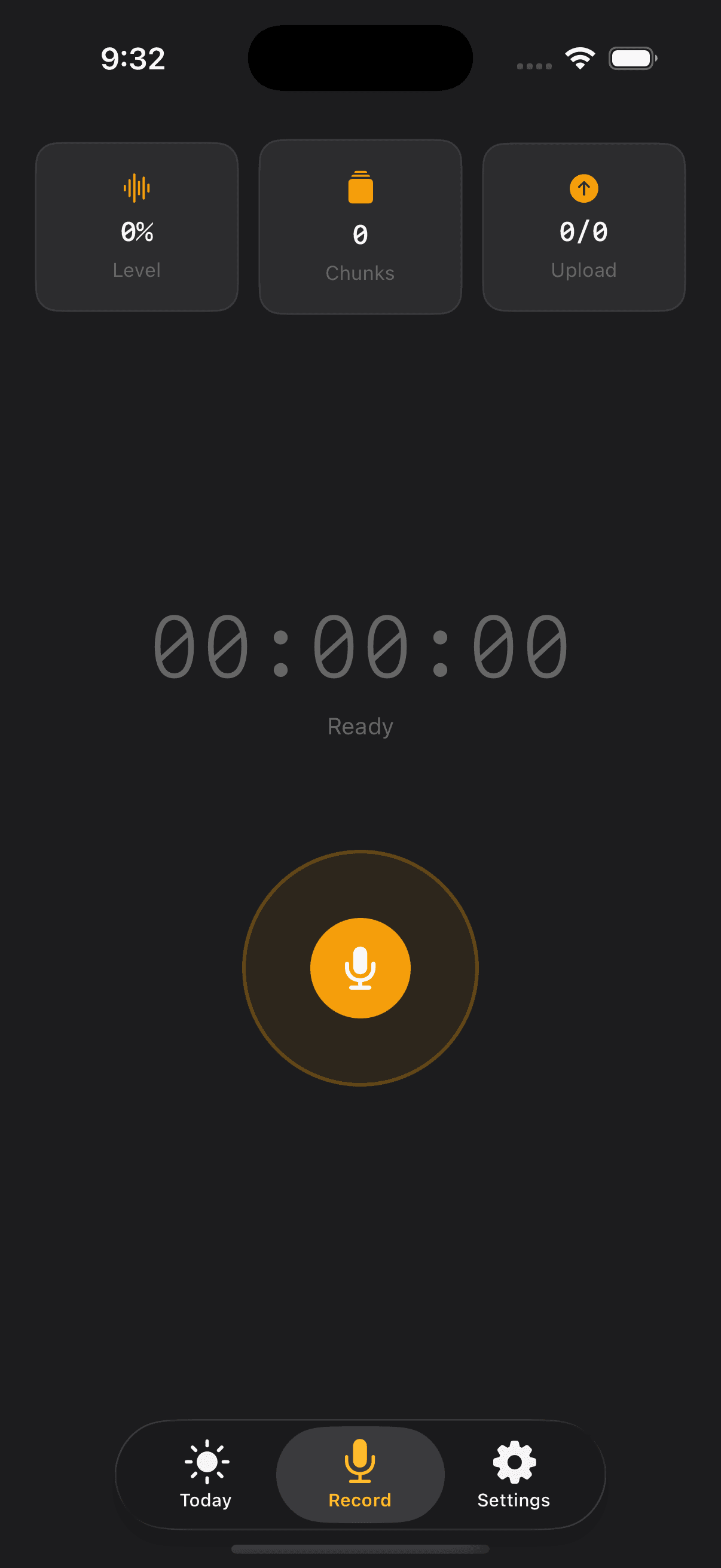 Hearsay recording view with microphone button, timer, and upload status