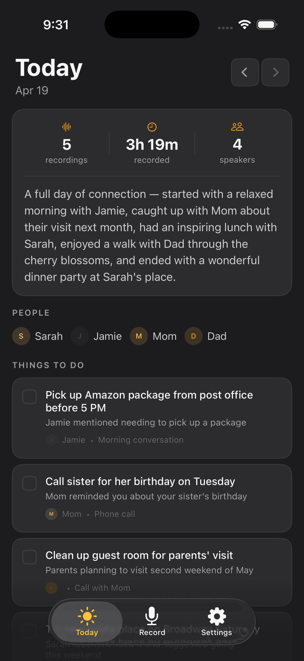 Hearsay Today view showing daily summary with people, action items, and conversation highlights